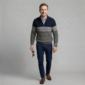 Tomasz - Męski Sweter z Wzorem Colorblock w Paski i Półzamkiem