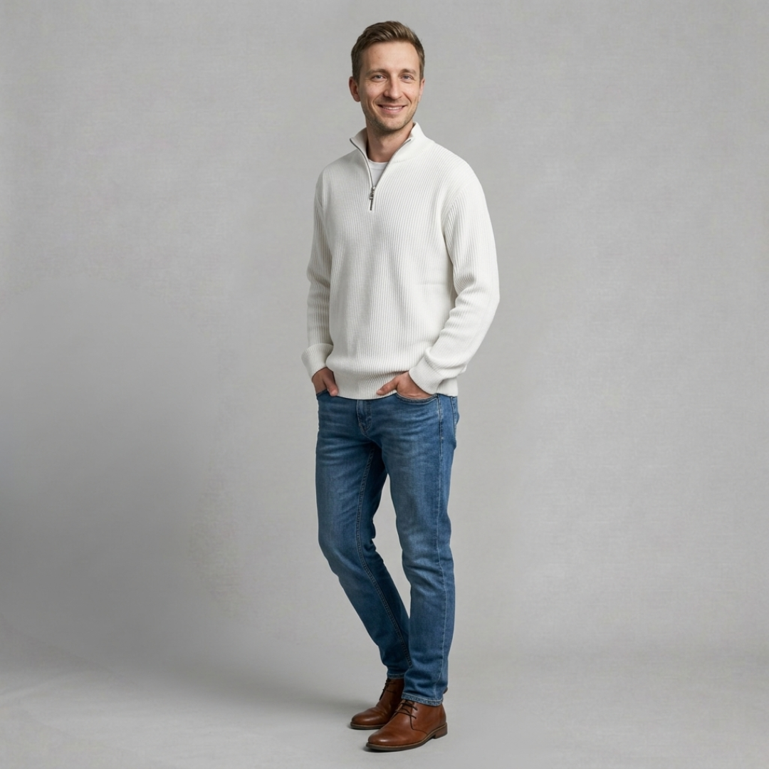 Bartosz - Męski Sweter z Drobnym Prążkowanym Wzorem i Półzamkiem