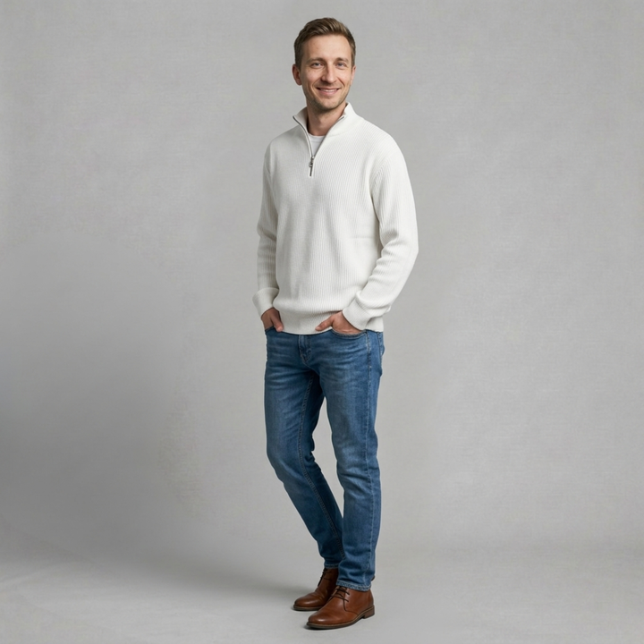 Bartosz - Męski Sweter z Drobnym Prążkowanym Wzorem i Półzamkiem