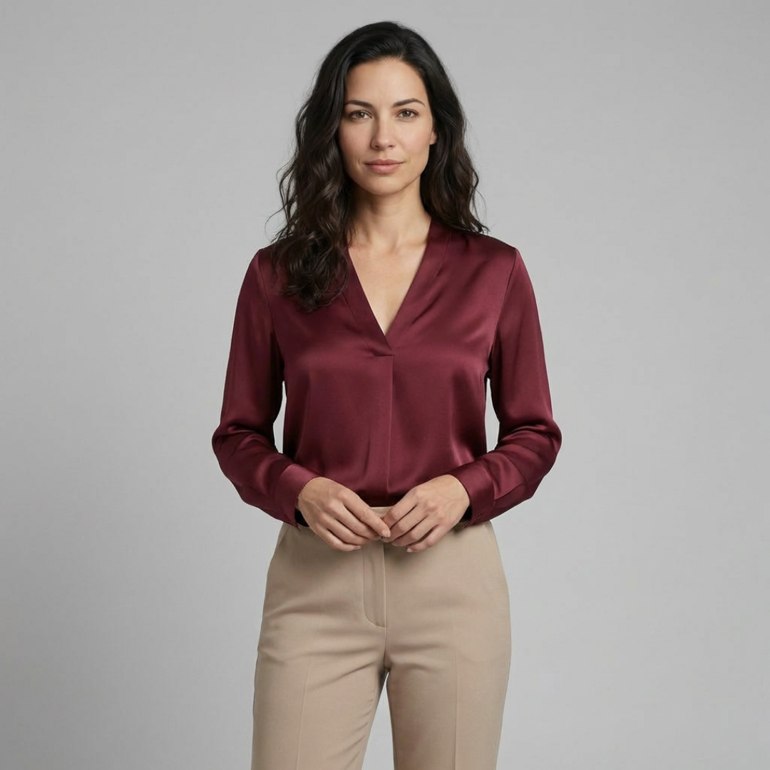 Elara - Elegancka satynowa bluzka z dekoltem V