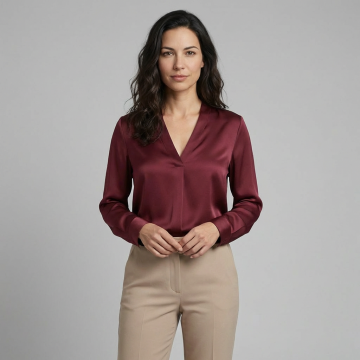 Elara - Elegancka satynowa bluzka z dekoltem V
