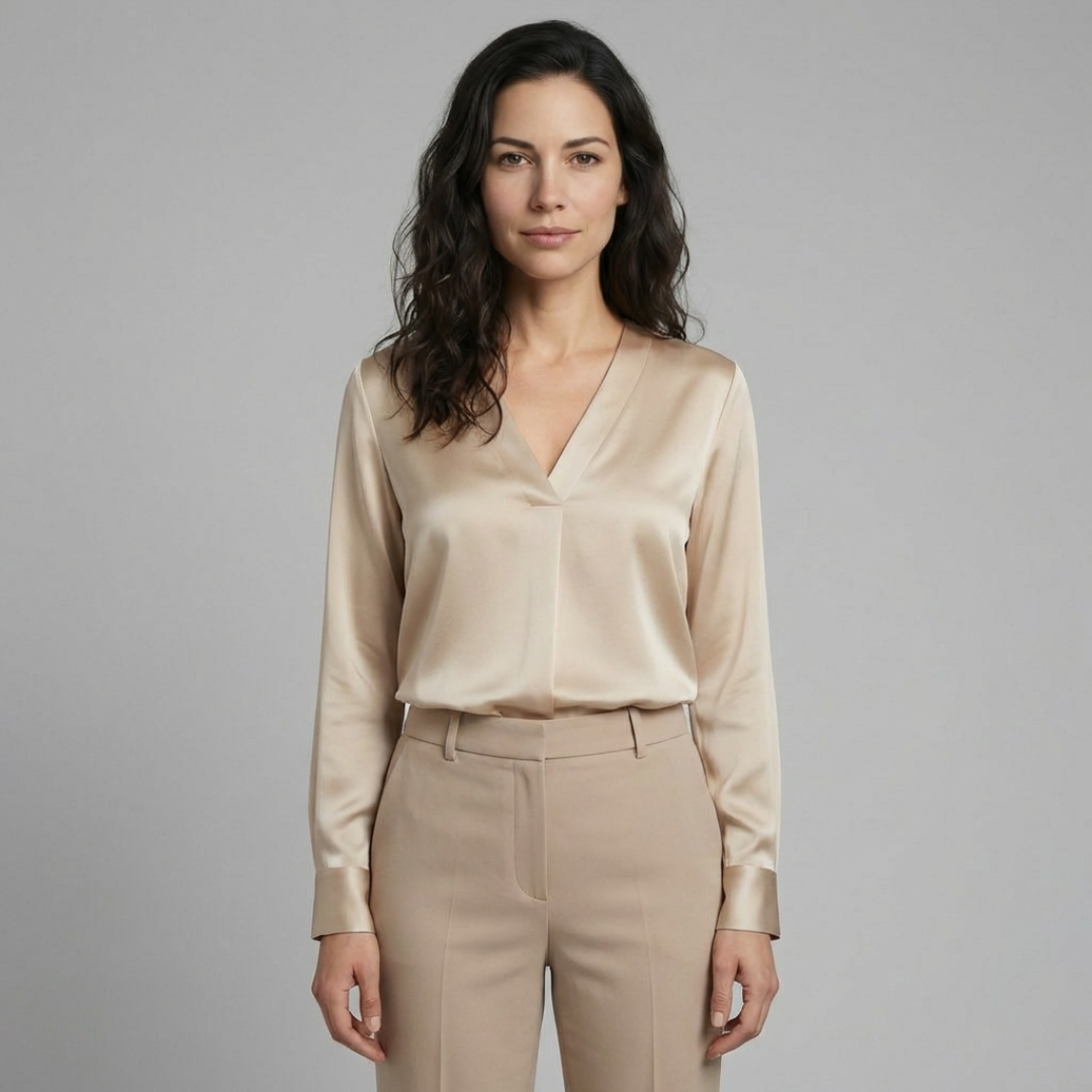 Elara - Elegancka satynowa bluzka z dekoltem V