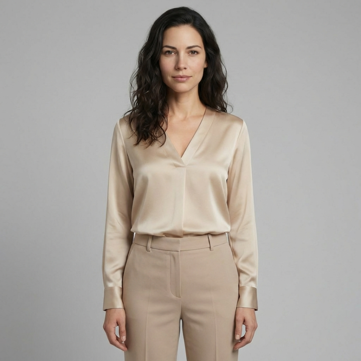 Elara - Elegancka satynowa bluzka z dekoltem V