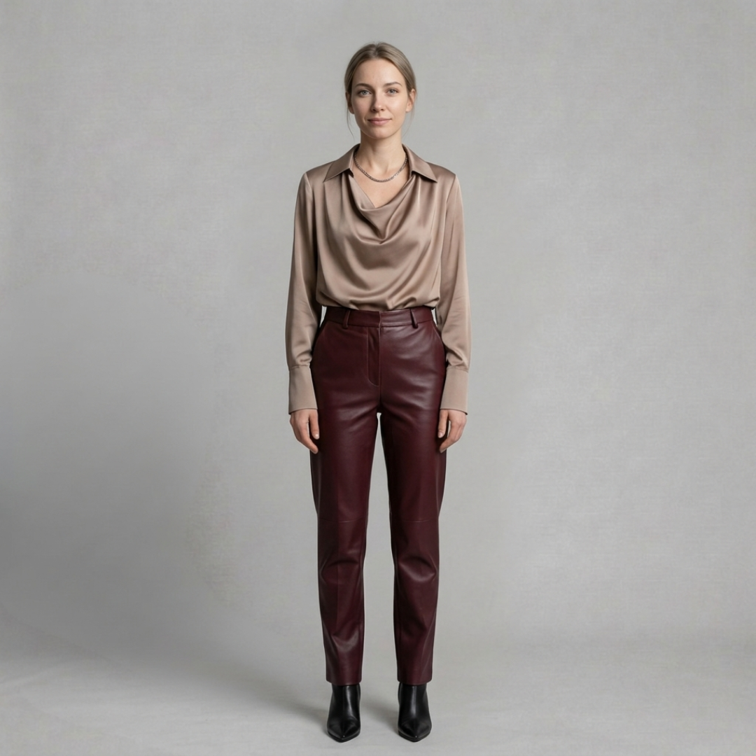 Monika - Satynowa Bluzka Damska z Dekoltem Cowl Neck i Długim Rękawem