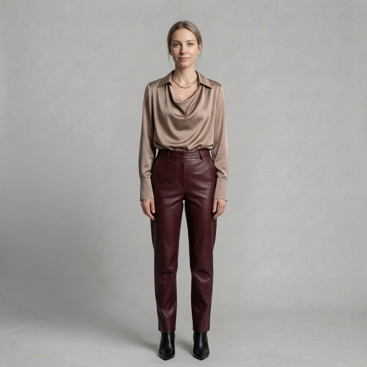 Monika - Satynowa Bluzka Damska z Dekoltem Cowl Neck i Długim Rękawem