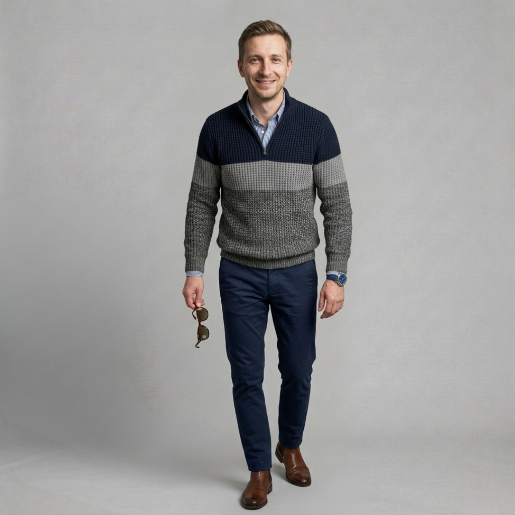 Tomasz - Męski Sweter z Wzorem Colorblock w Paski i Półzamkiem