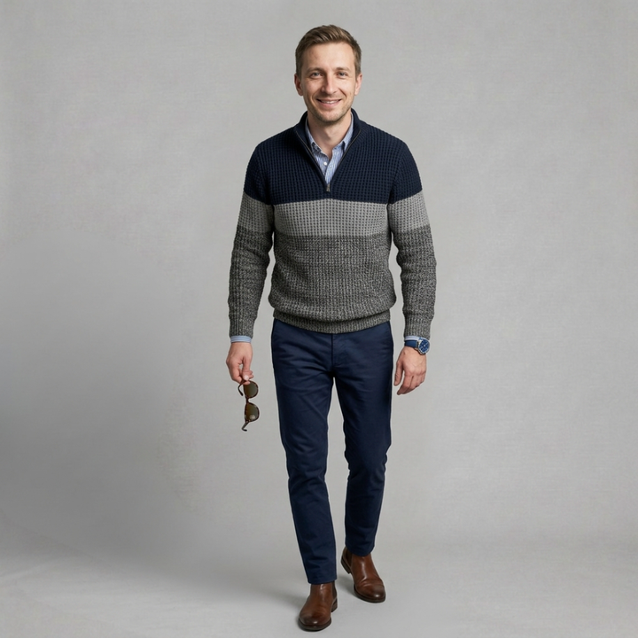 Tomasz - Męski Sweter z Wzorem Colorblock w Paski i Półzamkiem