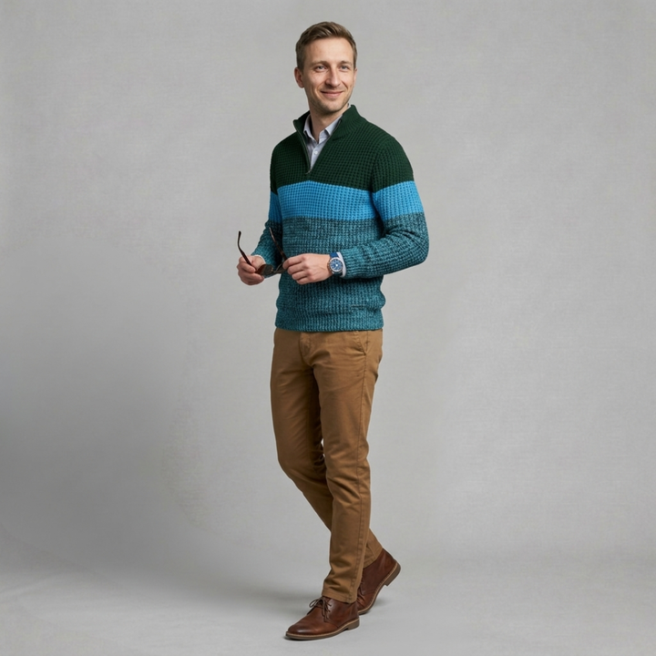 Tomasz - Męski Sweter z Wzorem Colorblock w Paski i Półzamkiem