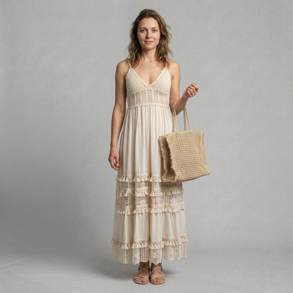 Zofia - Boho sukienka maxi damska z koronką i frędzlami