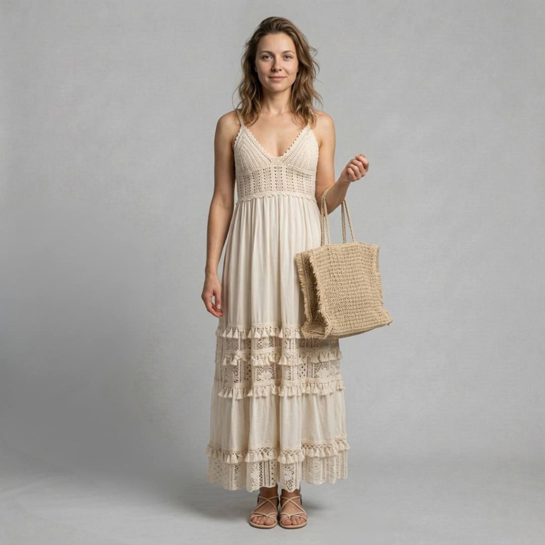 Zofia - Boho sukienka maxi damska z koronką i frędzlami