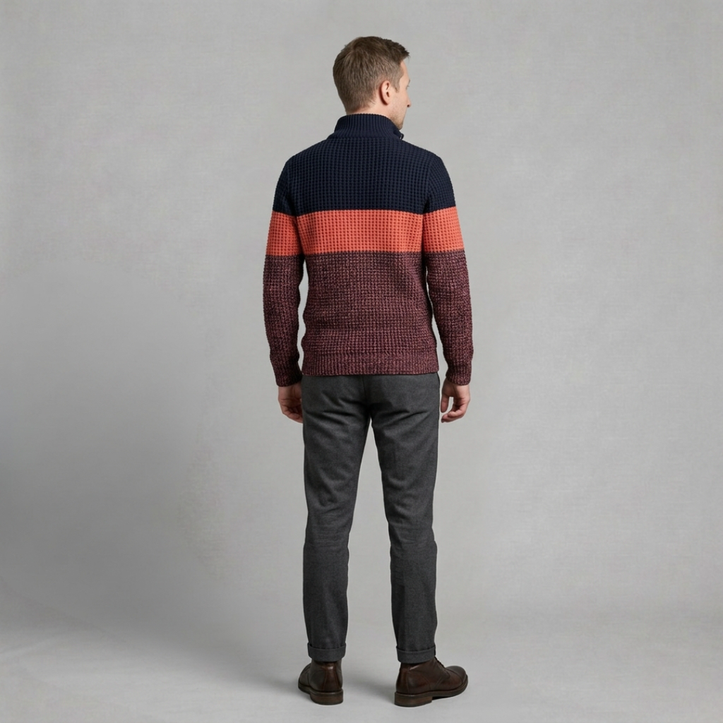 Tomasz - Męski Sweter z Wzorem Colorblock w Paski i Półzamkiem