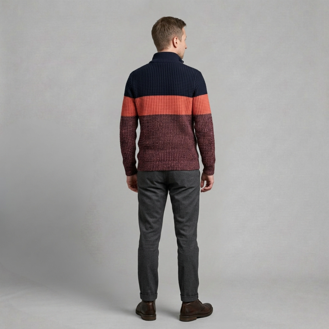 Tomasz - Męski Sweter z Wzorem Colorblock w Paski i Półzamkiem