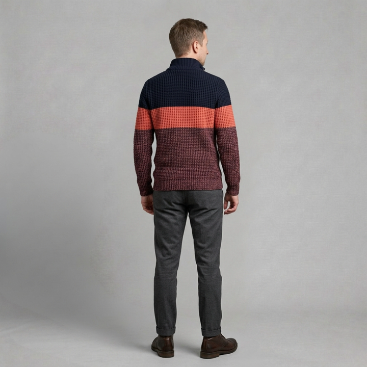 Tomasz - Męski Sweter z Wzorem Colorblock w Paski i Półzamkiem