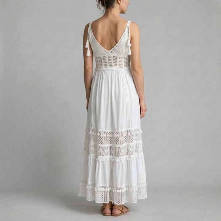 Zofia - Boho sukienka maxi damska z koronką i frędzlami
