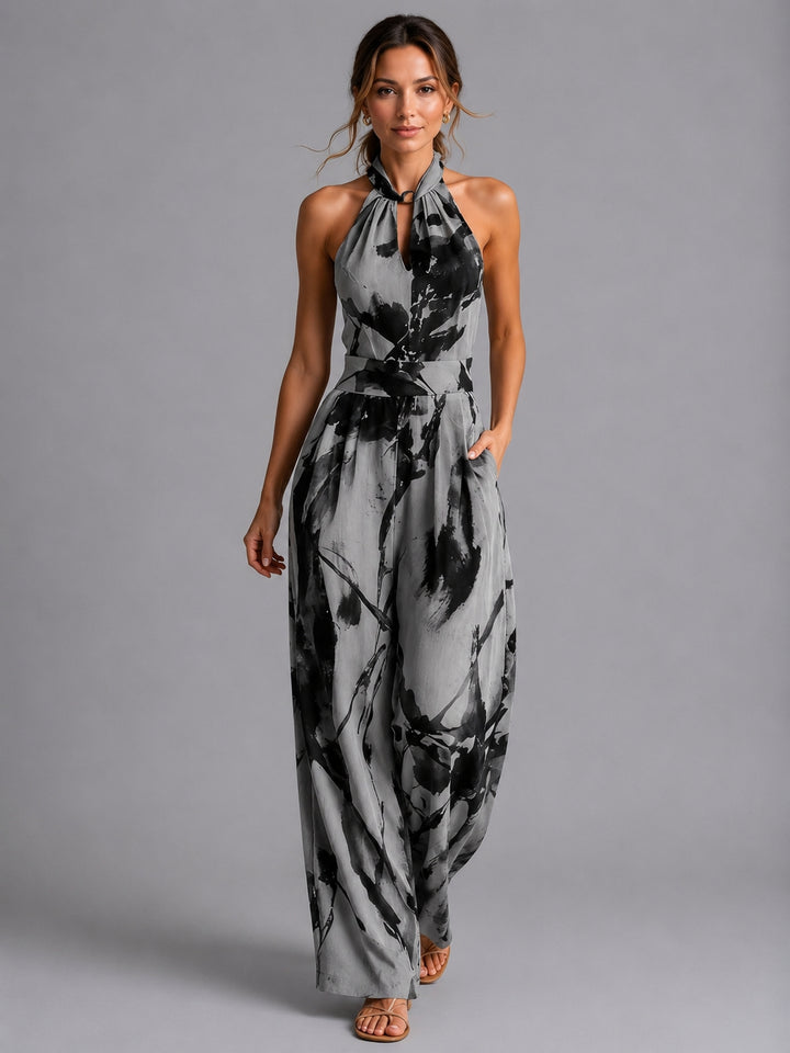 Printed wide-leg summer jumpsuit, side profile wide leg