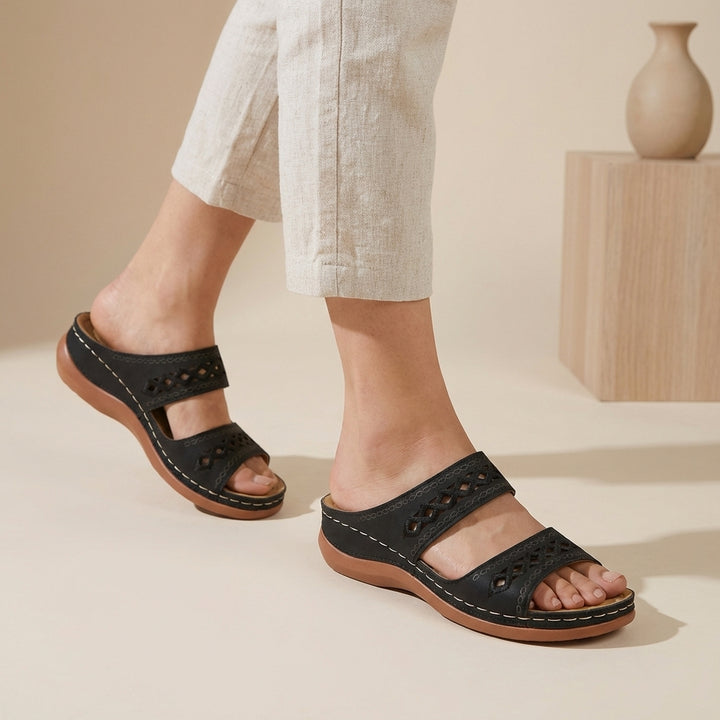 Orthopaedic double strap laser-cut sandals in Black, front view