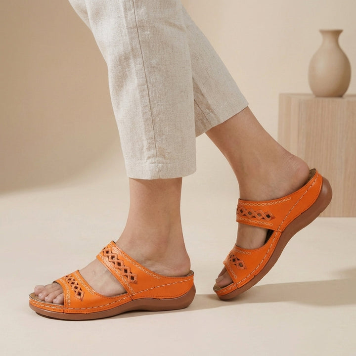 Orthopaedic double strap laser-cut sandals in Orange, front view