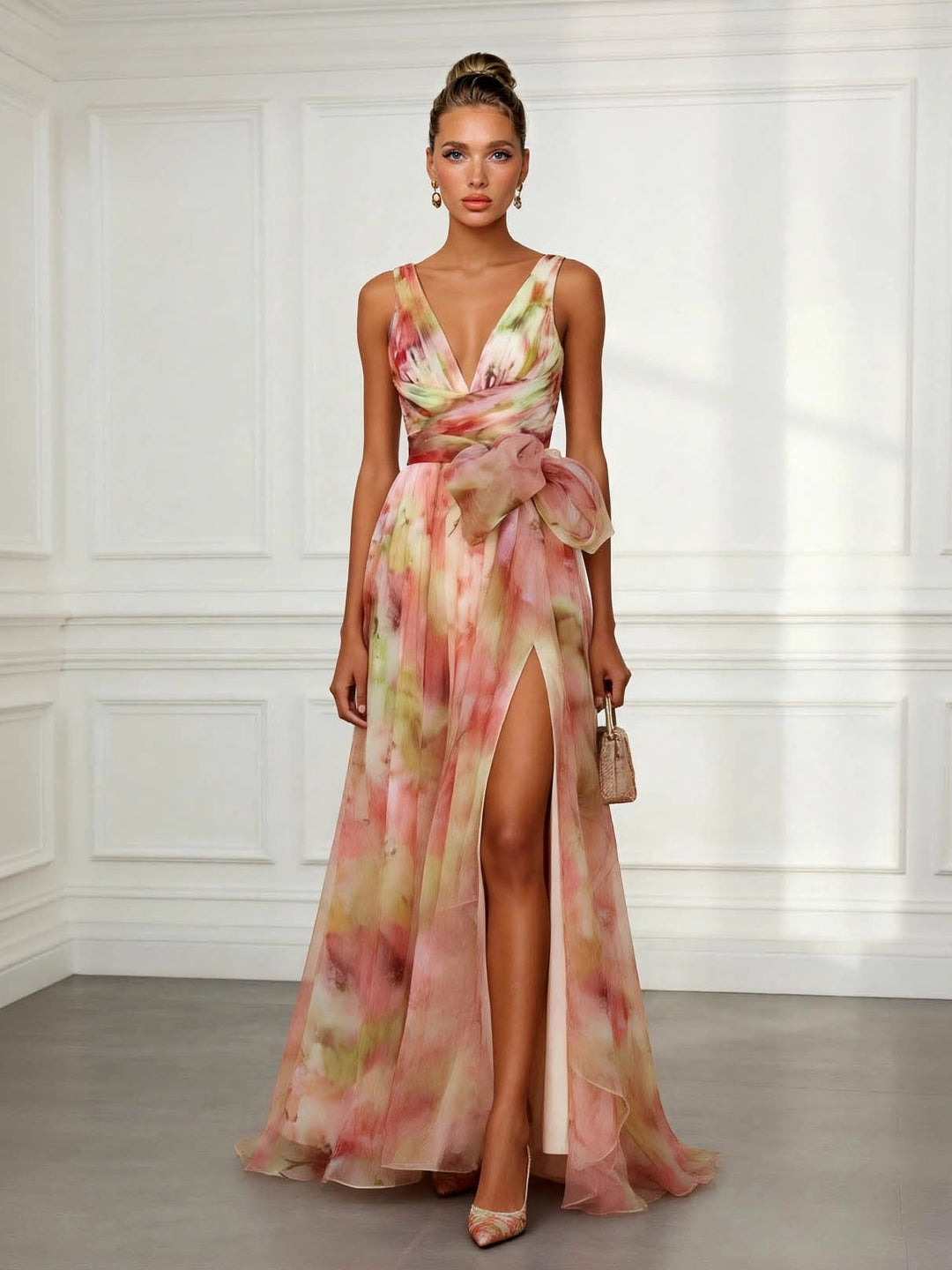 Abstract print V-neck tie-waist maxi dress in multicolour, front view