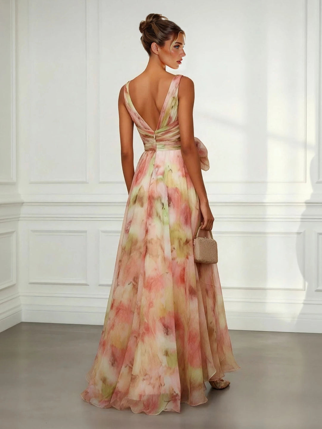 Abstract print V-neck tie-waist maxi dress in multicolour, back view