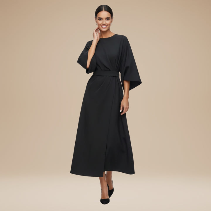 Belted wide sleeve wrap midi dress, lifestyle view