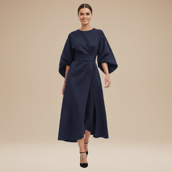 Belted wide sleeve wrap midi dress, back view