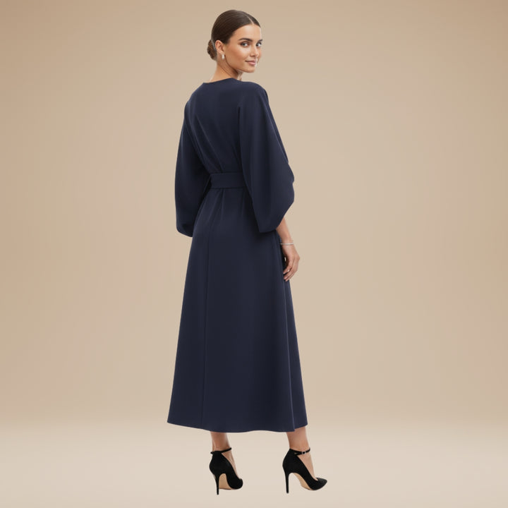Belted wide sleeve wrap midi dress, waist belt detail