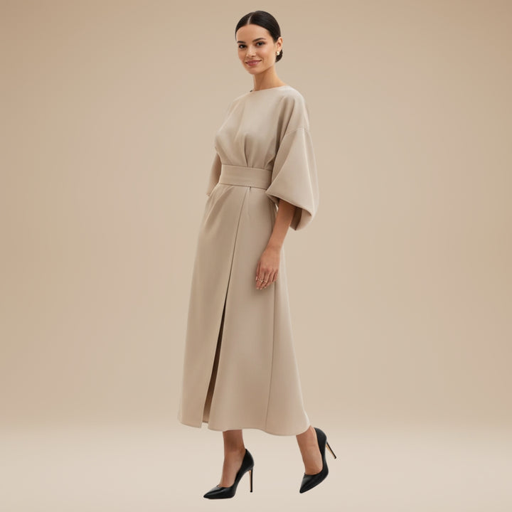Belted wide sleeve wrap midi dress, styled occasion view
