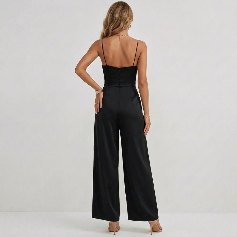 Pleated wide-leg jumpsuit with self-tie high waist belt, side view