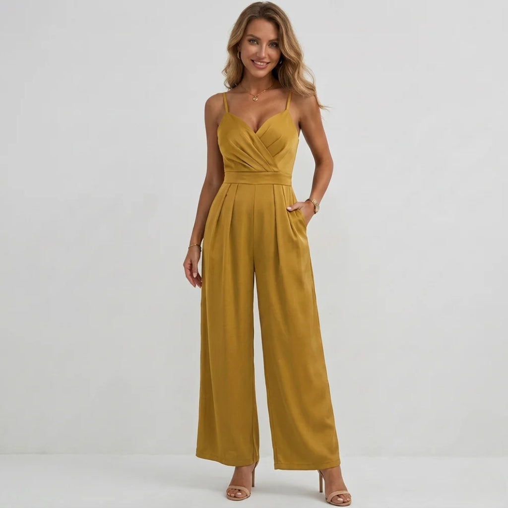 High waisted wide-leg party jumpsuit, back view showing spaghetti straps