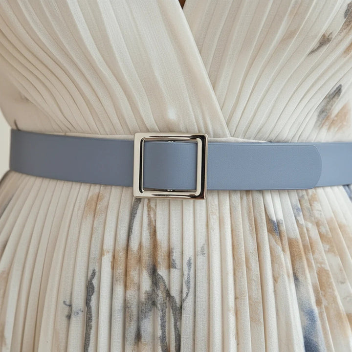 Sleeveless V-neck floral pleated maxi dress, belt buckle detail