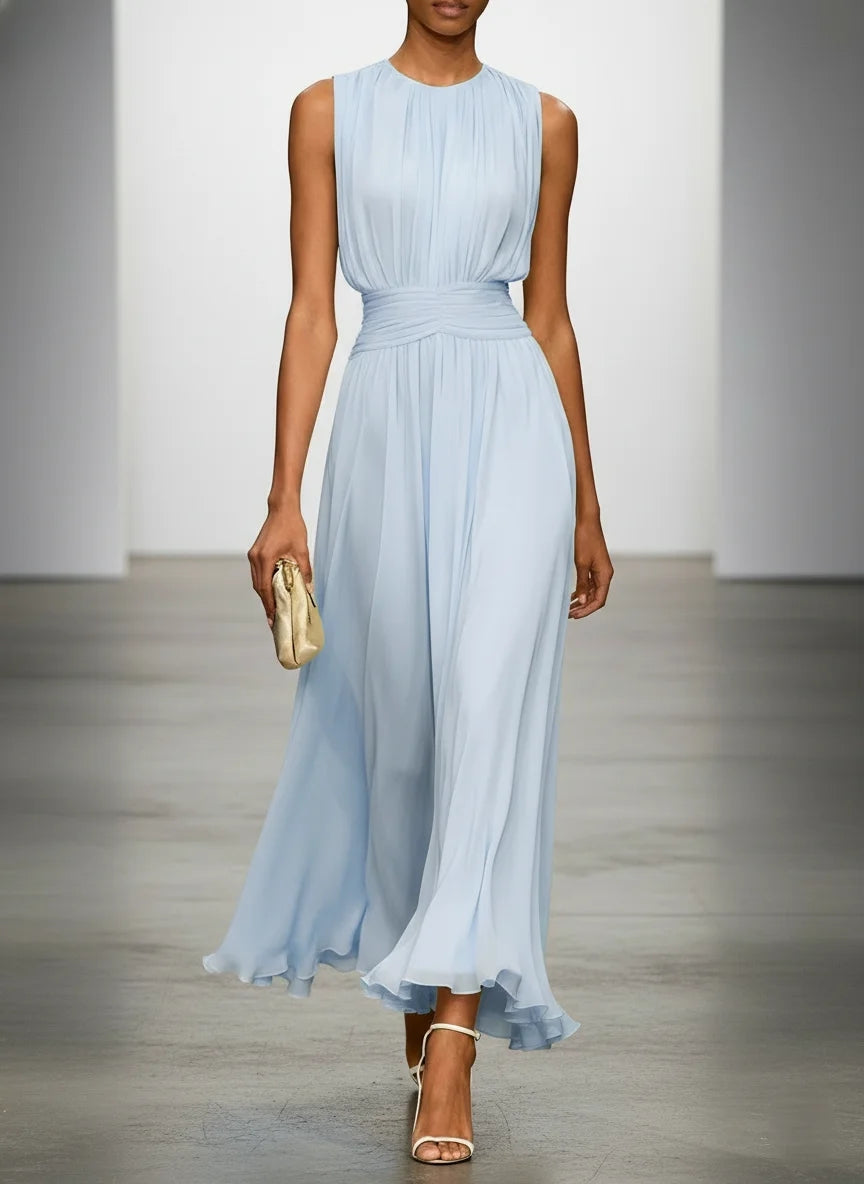 Sleeveless ruched A-line maxi dress in light blue, front view