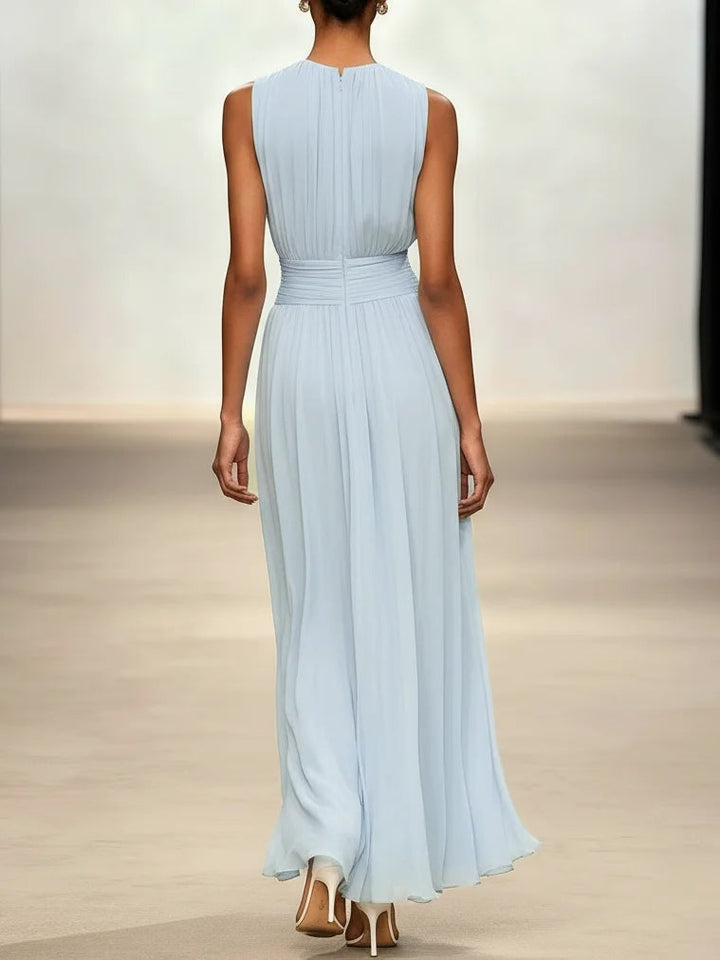 Sleeveless ruched A-line maxi dress in light blue, back view
