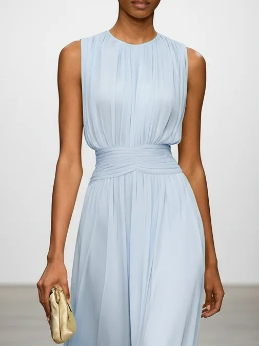 Close-up of ruched bodice on sleeveless A-line maxi dress