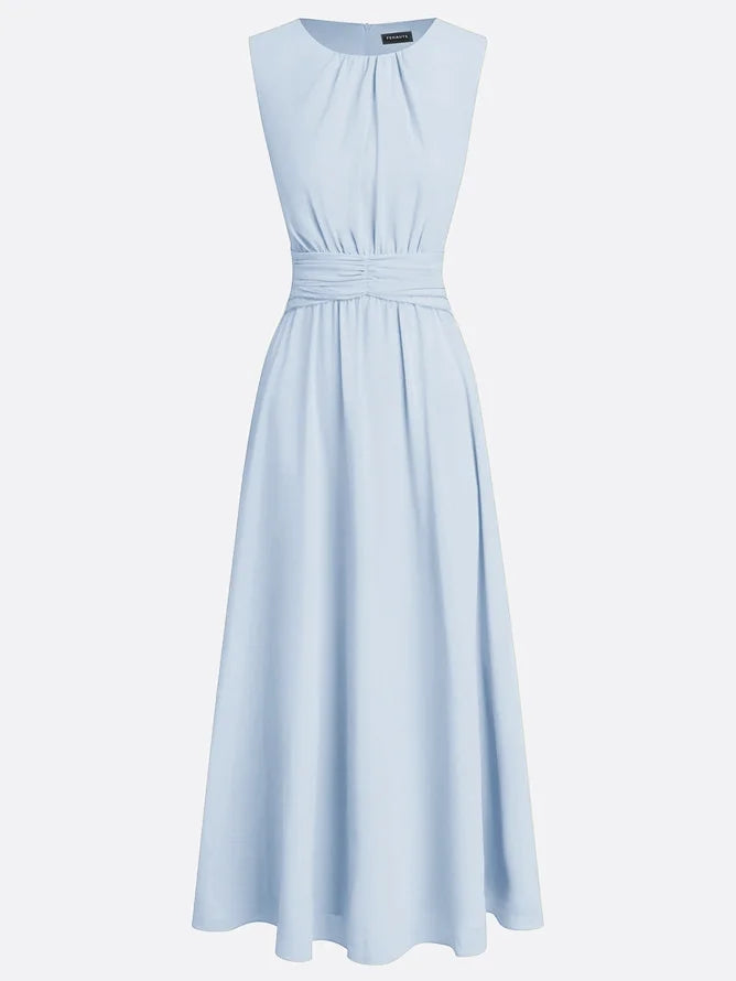 Sleeveless ruched A-line maxi dress, full length front view