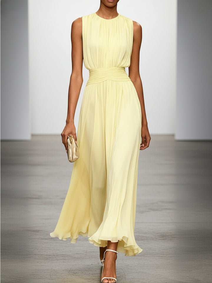 Sleeveless ruched A-line maxi dress in pale yellow, front view
