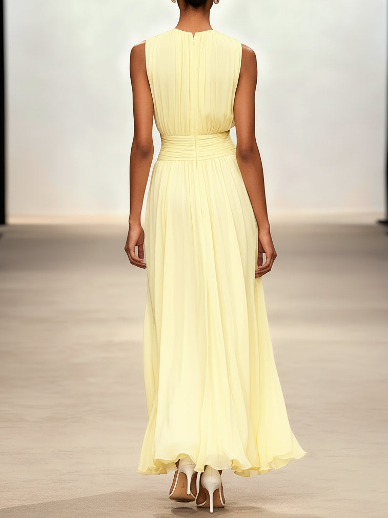Sleeveless ruched A-line maxi dress in blush pink, front view
