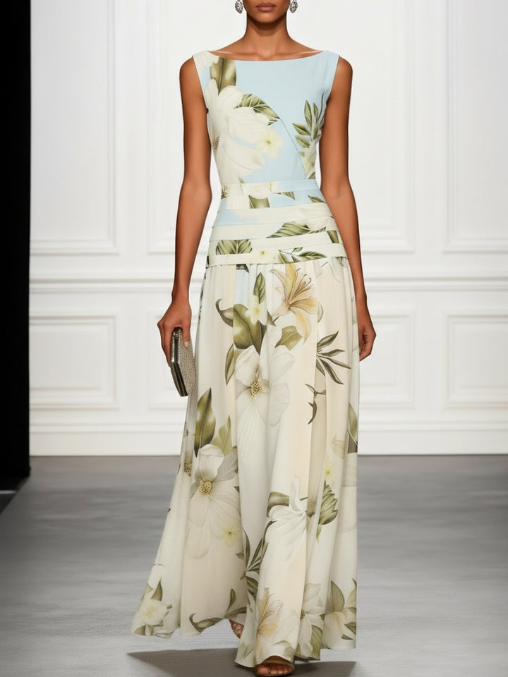 Floral boat neck sleeveless wedding guest maxi dress in light blue, elegant front view