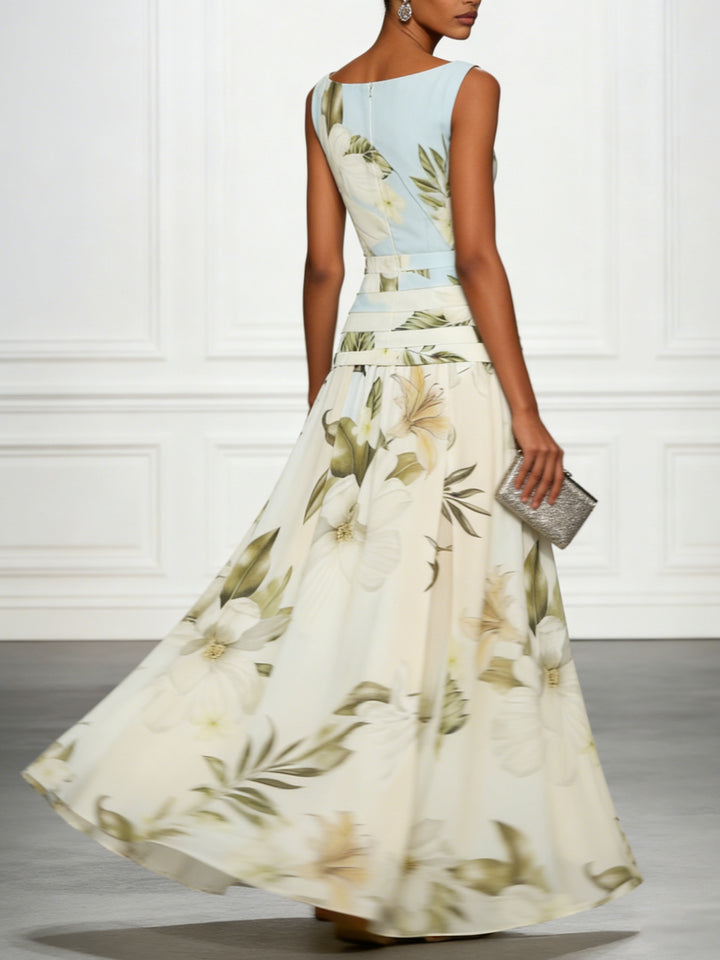 Floral maxi dress showing full-length botanical print and boat neckline