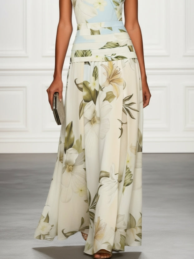 Ruched waist detail on floral boat neck sleeveless maxi dress, close-up