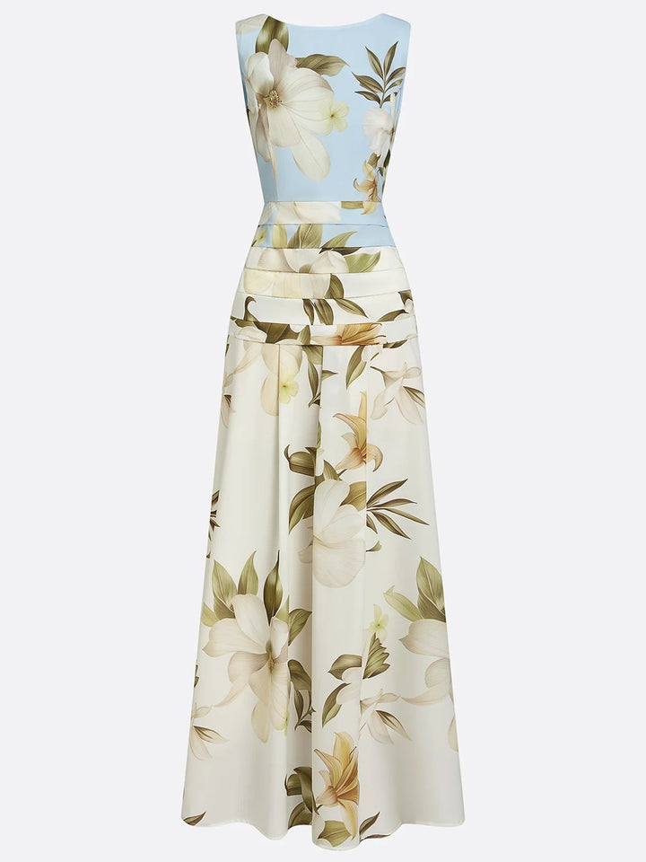 Wedding guest floral maxi dress in light blue, three-quarter view
