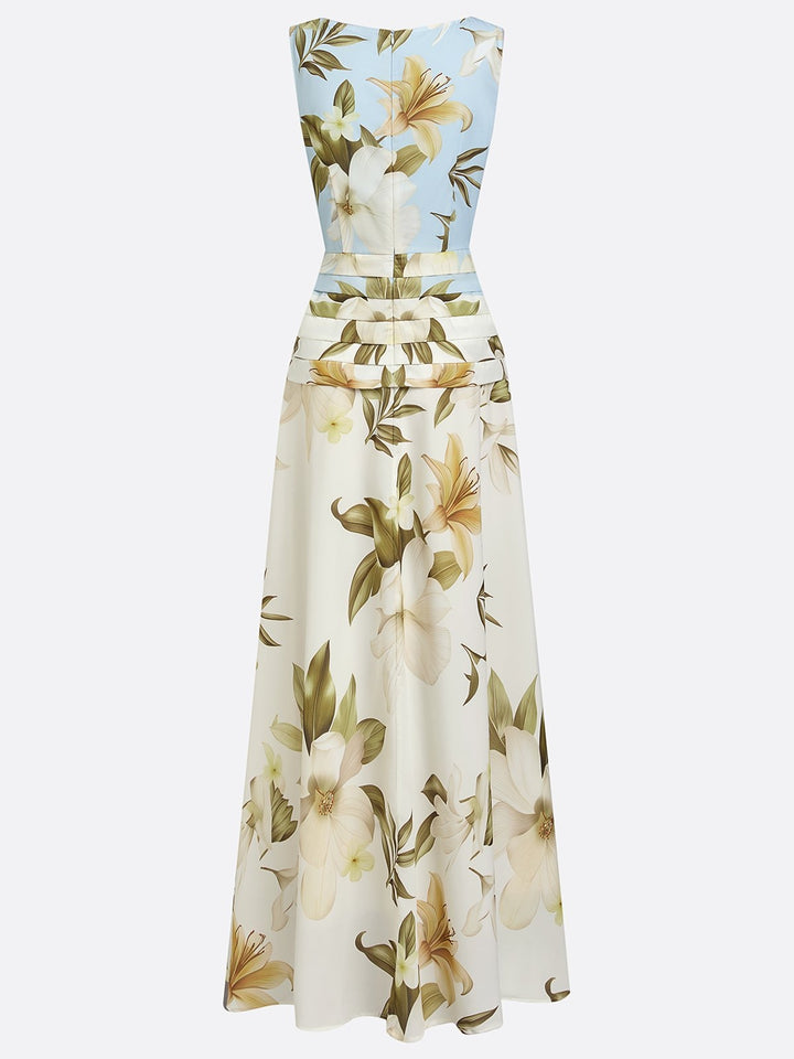 Floral botanical maxi dress showing flowing skirt movement