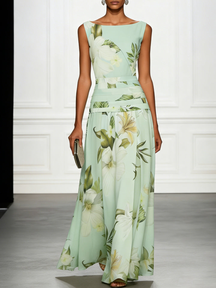 Floral boat neck sleeveless wedding guest maxi dress in sage green, elegant front view