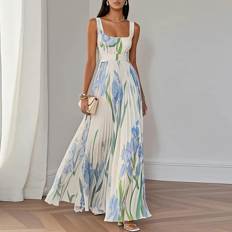 Floral square neck pleated wedding guest maxi dress in white and blue, elegant front view