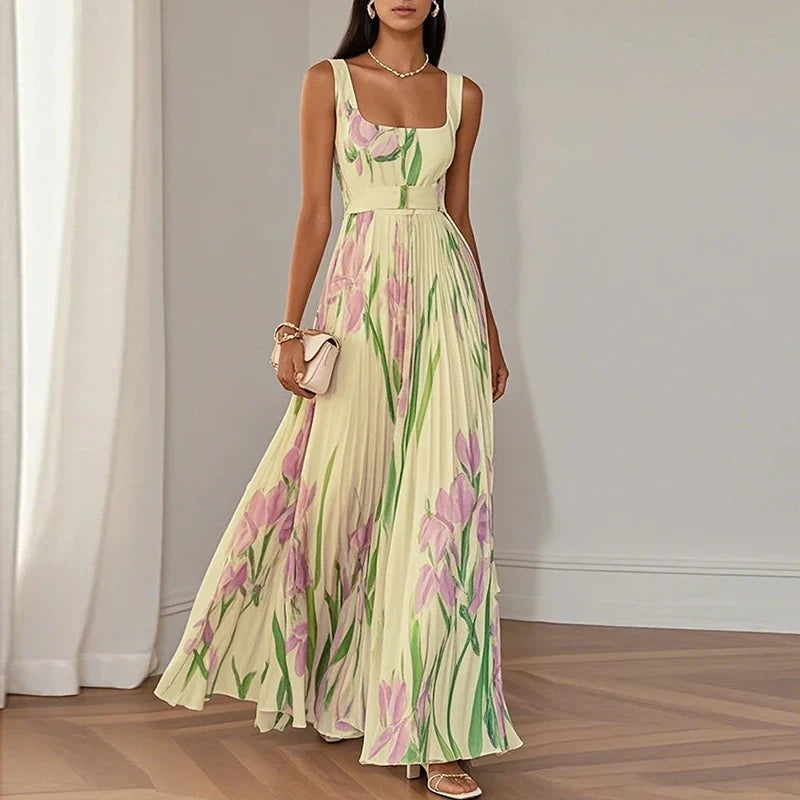 Floral wedding guest maxi dress in yellow and pink colourway, front view