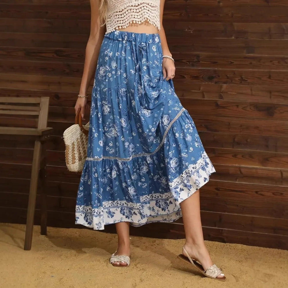 Boho tiered maxi skirt showing cascading tiers and floral print