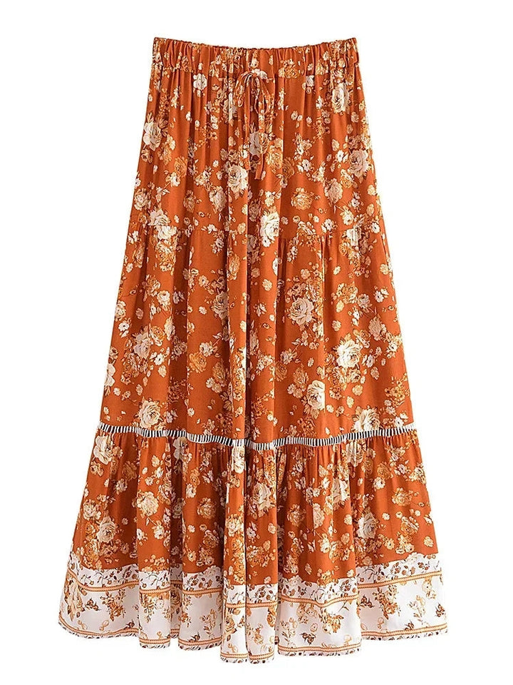 Floral tiered boho maxi skirt in red, flowing front view