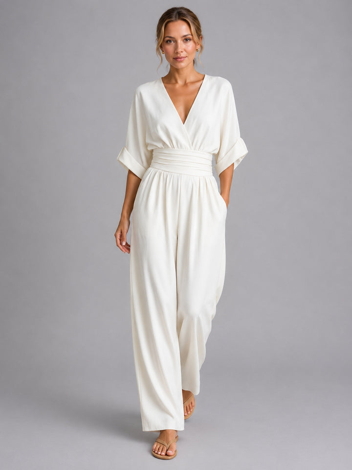 Cinched waist wide-leg jumpsuit in white, front view