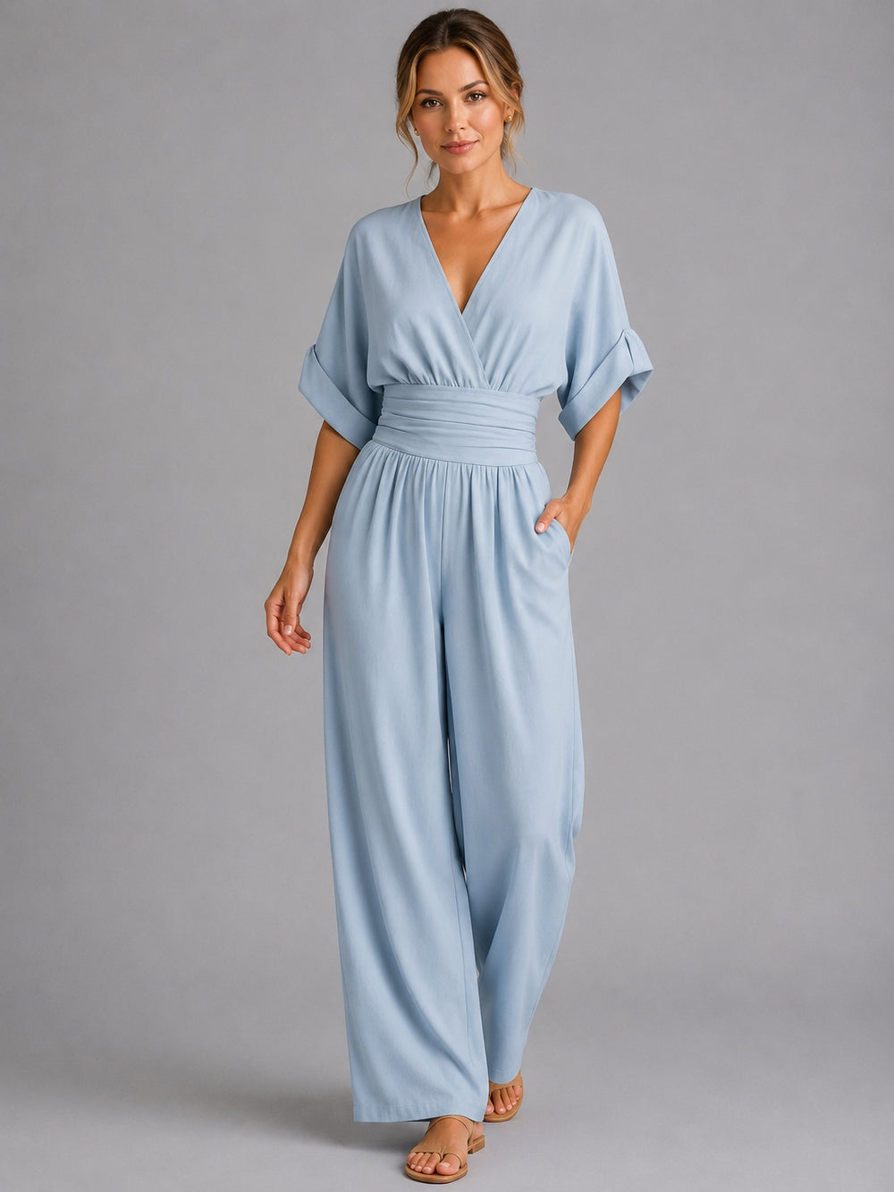 Cinched waist wide-leg jumpsuit, back view full length