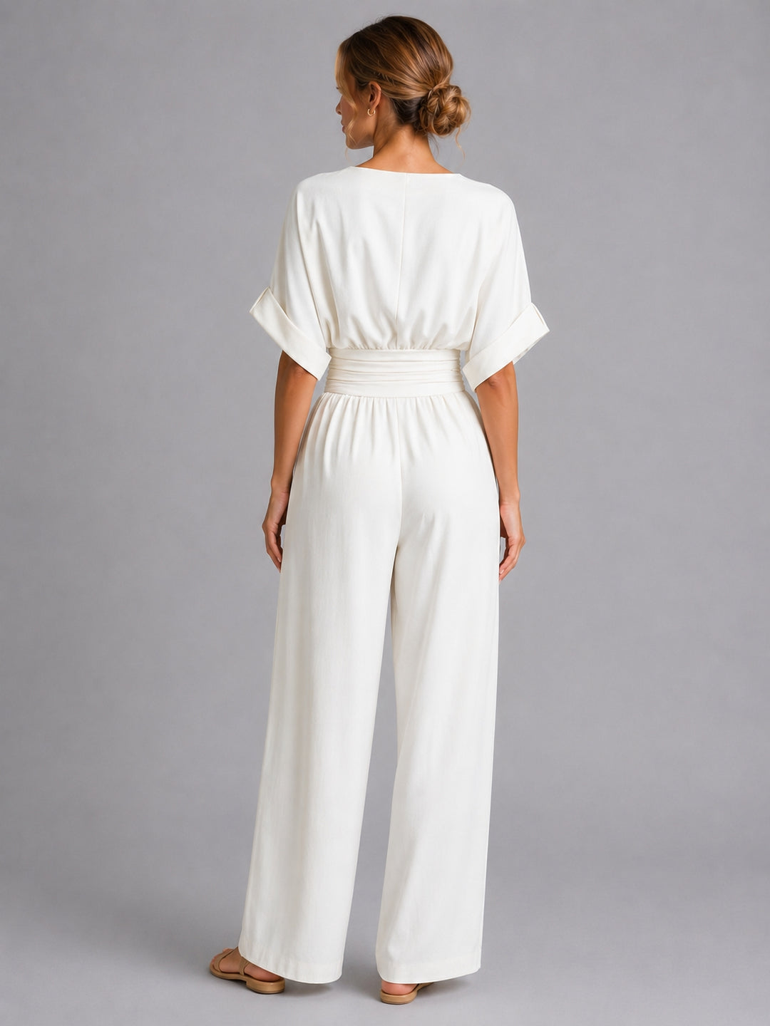 Cinched waist wide-leg jumpsuit, full-length rear view