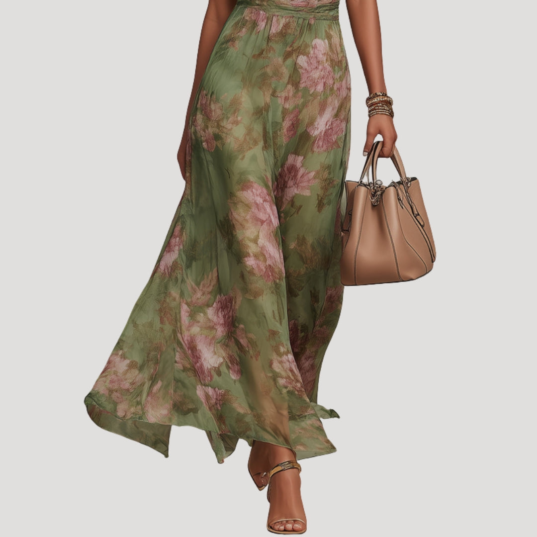 Floral halter neck wedding guest maxi dress in green, back view